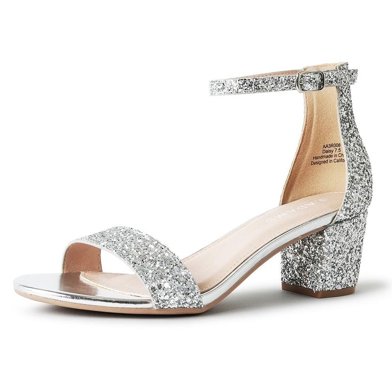 J Adams Open Toe Ankle Strap Sandals with 25 Inch Low Block Heel in Silver Glitter