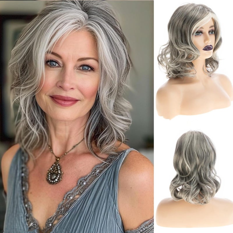 Wiwige Grey Curly Wavy Wig for Women Mid-Length Gray Synthetic Natural Looking Heat Resistant Halloween Cosplay Wig - Image 1