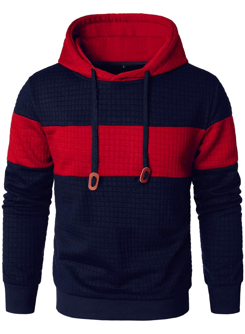 Qichic Menâ€™s Sweatshirts Long Sleeve Pullover Patchwork Plaid Jacquard Hoodie Casual Drawstring Hoody Top Navy Red M - Image 3