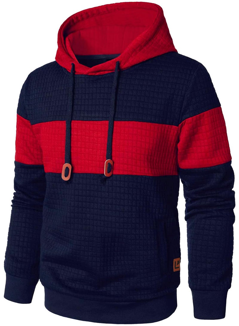 Qichic Menâ€™s Sweatshirts Long Sleeve Pullover Patchwork Plaid Jacquard Hoodie Casual Drawstring Hoody Top Navy Red M - Image 1