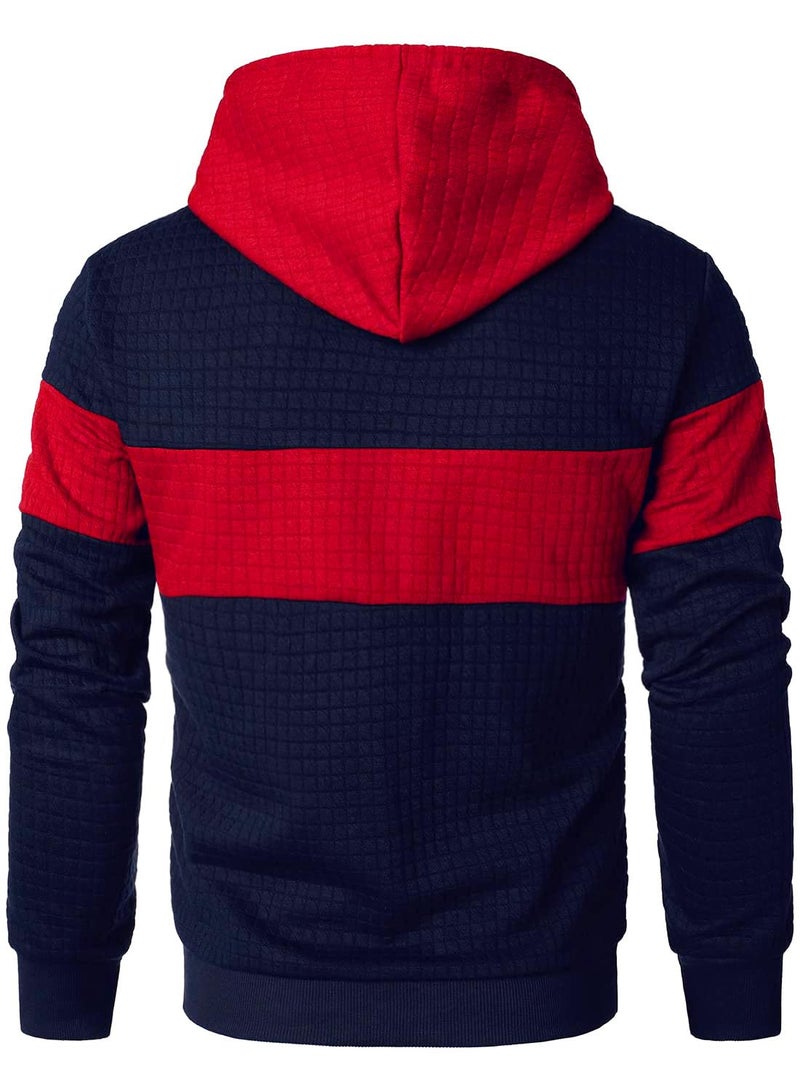 Qichic Menâ€™s Sweatshirts Long Sleeve Pullover Patchwork Plaid Jacquard Hoodie Casual Drawstring Hoody Top Navy Red M - Image 4