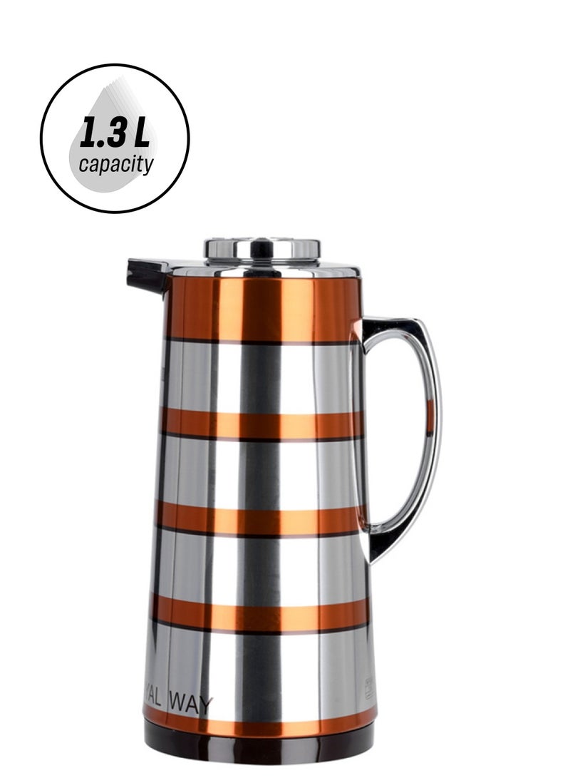 Royalford RF9588 - Double Wall Golden Figured Vacuum Flask | 1.3 L | Portable Heat Insulated Thermos for Keeping Hot/Cold 24 & 36 Hours Retention | Push Button | Coffee, Hot Water, Tea, Beverage | Ideal for Commercial & Outings Silver/Orange/Black - Image 1