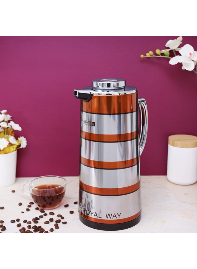Royalford RF9588 - Double Wall Golden Figured Vacuum Flask | 1.3 L | Portable Heat Insulated Thermos for Keeping Hot/Cold 24 & 36 Hours Retention | Push Button | Coffee, Hot Water, Tea, Beverage | Ideal for Commercial & Outings Silver/Orange/Black - Image 3