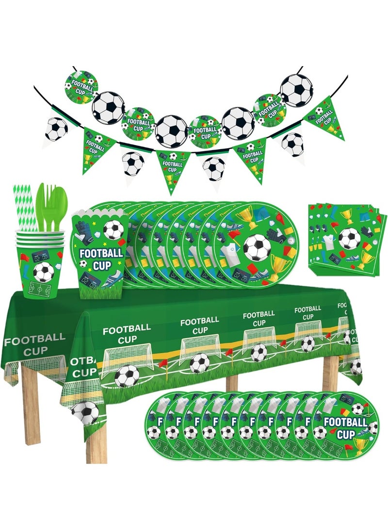 Soccer Football Party Supplies Set for 10 Guests - Plates, Cups, Napkins, Tablecloth, Cutlery, Banners - Image 1
