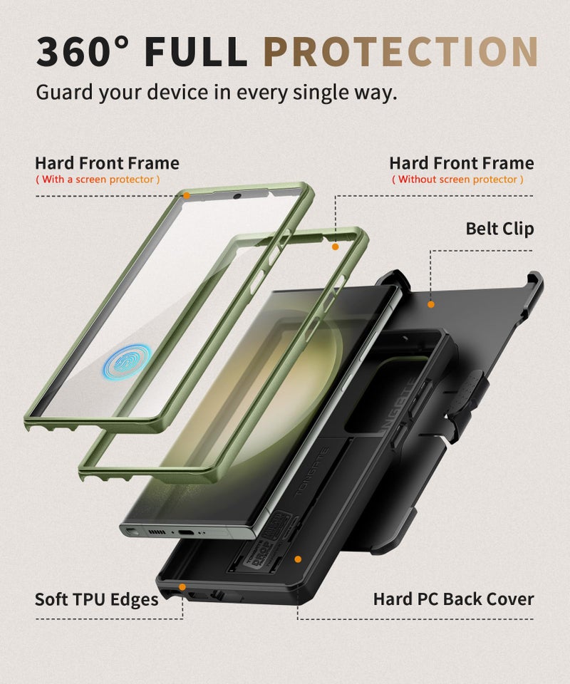 TONGATE for Samsung Galaxy S23 Ultra Case, [Built-in Slide Camera Cover & Screen Protector] [2 Front Frame] Military Grade Shockproof S23 Ultra Phone Case with Kickstand & Belt-Clip 6.8", Green - Image 5