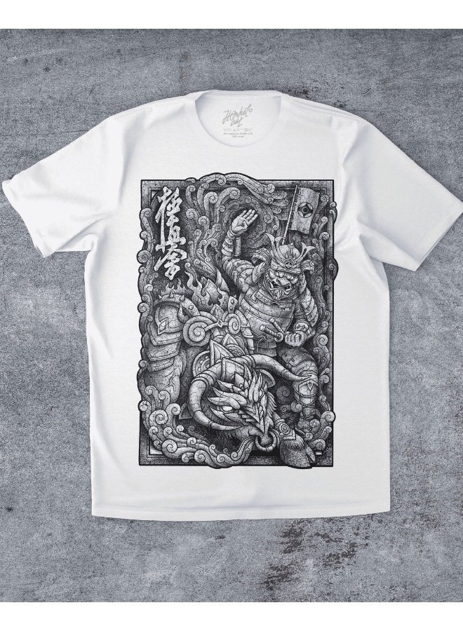 Hempelcat Power of Samurai Men's White Casual T-Shirt 100% Premium Cotton Fighting Spirit Graphic Print Martial Arts Limited Edition - Image 1