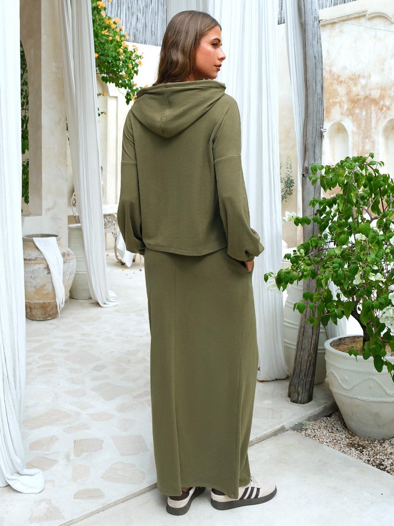 EXLURA Women 2 Piece Outfits Fall Airport Long Sleeve Hoodies Matching Long Skirt Dress Sweatsuits Lounge Sets Winter 2026 - Image 5
