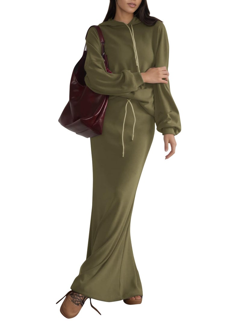 EXLURA Women 2 Piece Outfits Fall Airport Long Sleeve Hoodies Matching Long Skirt Dress Sweatsuits Lounge Sets Winter 2026 - Image 1