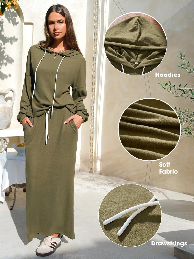 EXLURA Women 2 Piece Outfits Fall Airport Long Sleeve Hoodies Matching Long Skirt Dress Sweatsuits Lounge Sets Winter 2026 - Image 4