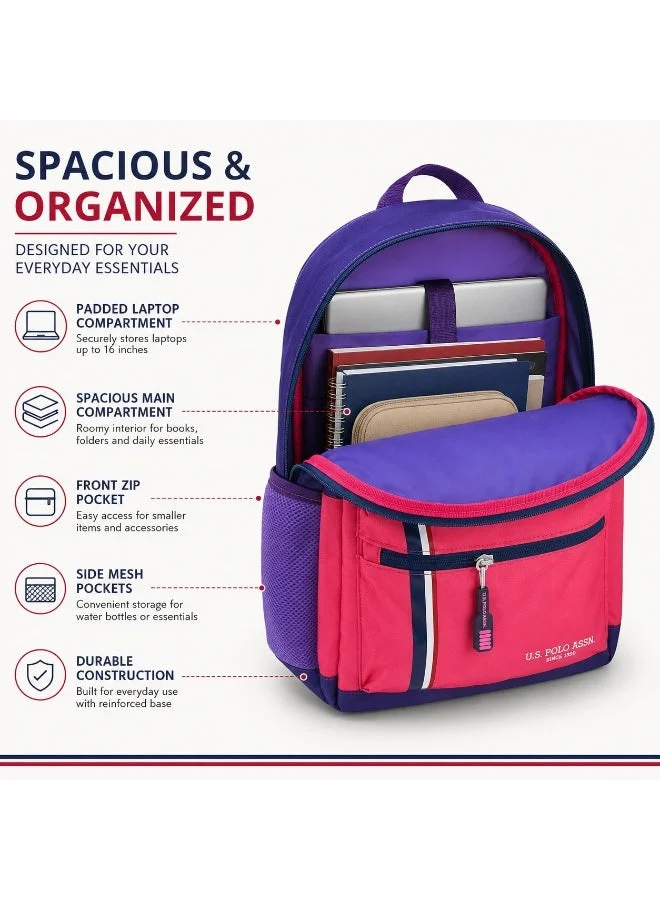 U.S. Polo Assn. U.S. Polo Assn. Classic Purple Coral Metro Stripe Backpack for School and Office MultiCompartment Bag for Campus