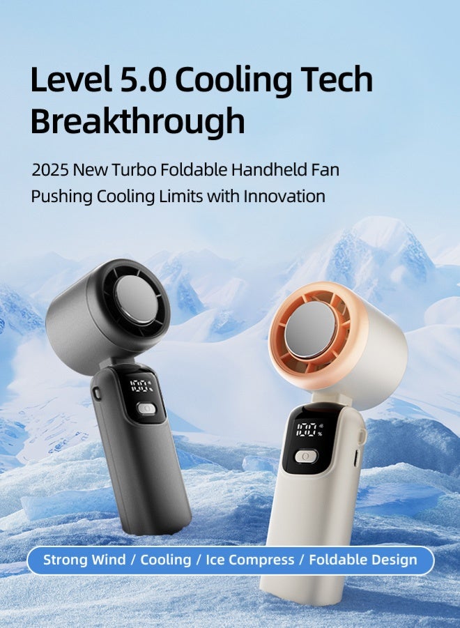 Zcheer Upgraded Turbo High-Speed Handheld Fan, Portable Ice-Cooling Neck Fan, Foldable Quiet Mini Fan with LED Digital Display 4000mAh, Stepless Speed Adjustment, 13m/s Strong Wind Speed, 14-22 Hours Runtime Powerful, USB Rechargeable Fan for Kids Women Men Home Office Indoor Outdoor Travelling (Cream White ) - Image 2