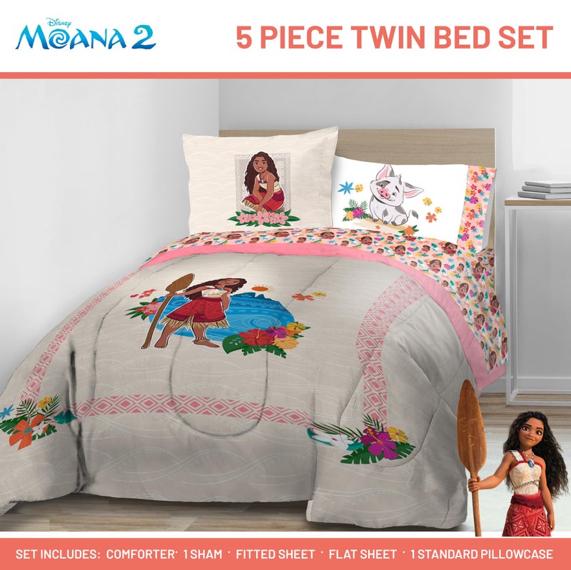 Jay Franco Disney Moana Twin Comforter Set - 5 Piece Bedding Includes Sheet Set & Pillow Covers - Super Soft Floral Cozy Bedding - Image 2