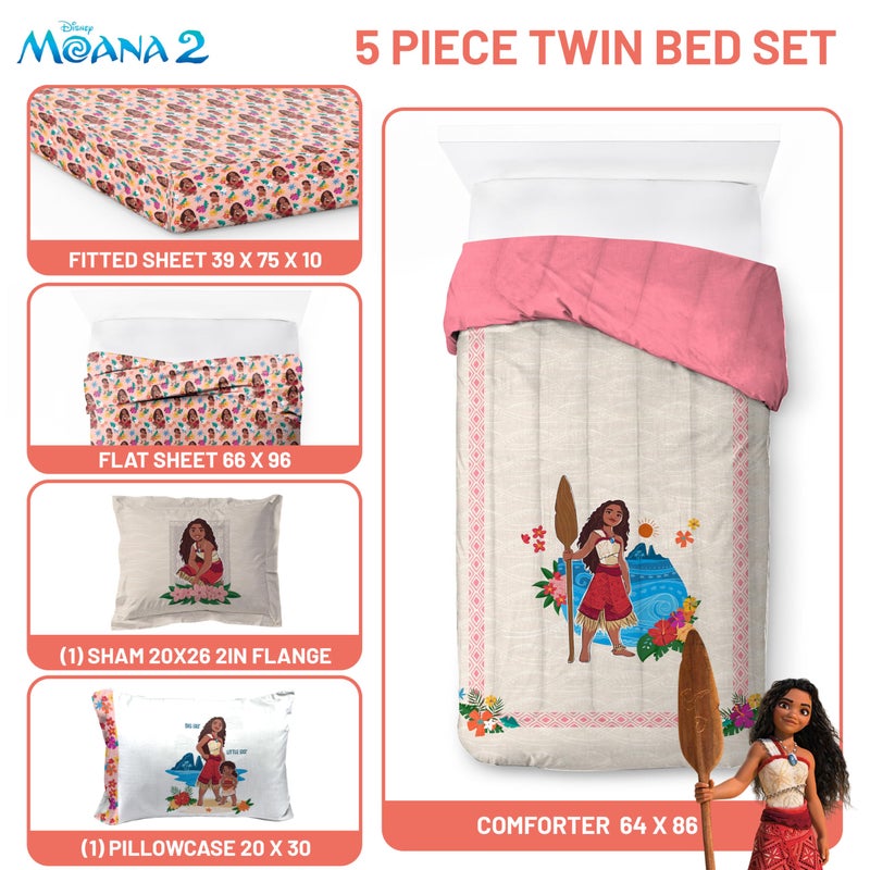 Jay Franco Disney Moana Twin Comforter Set - 5 Piece Bedding Includes Sheet Set & Pillow Covers - Super Soft Floral Cozy Bedding - Image 3