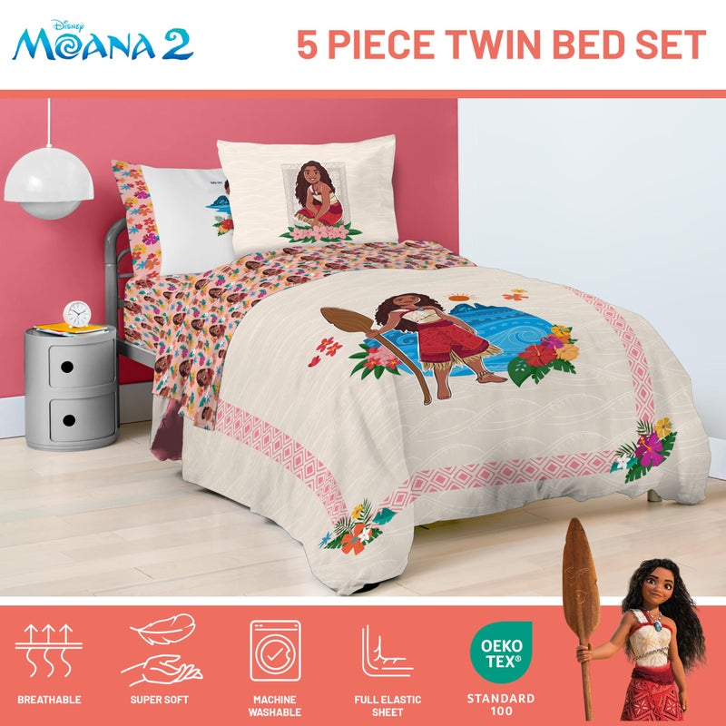 Jay Franco Disney Moana Twin Comforter Set - 5 Piece Bedding Includes Sheet Set & Pillow Covers - Super Soft Floral Cozy Bedding - Image 4