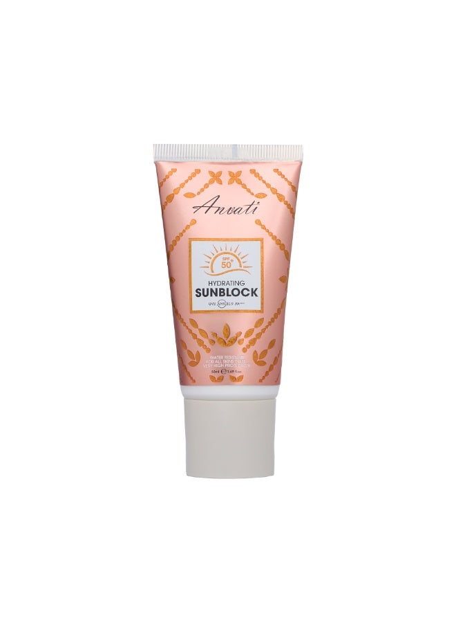 Anvati SPF 50+ Hydrating Sunblock PA++++ with Vitamin E, Broad Spectrum UVA/UVB Protection, Water Resistant, Non-Greasy Sunscreen for All Skin Types – Very High Protection, 50ml - Image 1
