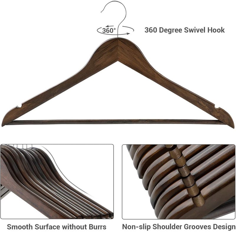 WHISKET - Lotus Premium Wooden Hangers- Vintage Style, Smooth Finish, Non-Slip Pant Bar, 360° Swivel Hook – for Closet Organization, Shirts, Coats, Jackets, and Dresses. (Walnut) [Pack of 6] - Image 5
