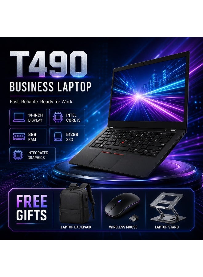 T490 Business Laptop 14 Inch Display Core i5 8GB RAM 512GB SSD Integrated Graphics With Laptop Backpack Wireless Mouse Laptop Stand - Image 1