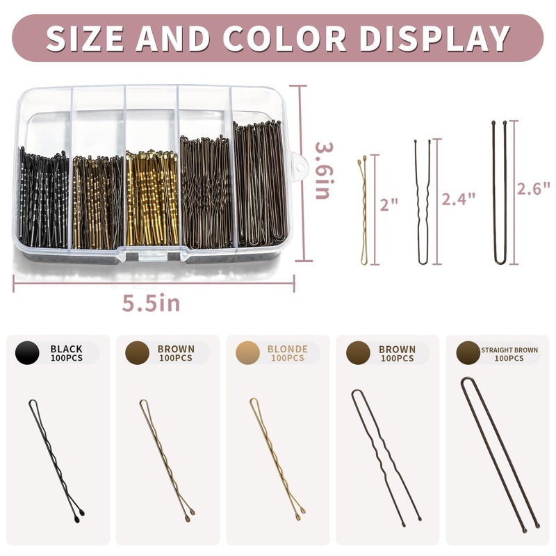 Mia Klein Bobby Pins and Hair Pins Combo Box 500PCS, Big Quantity Hair Pins Kit Black Brown Gold Bobby Pins and U Shape Brown for Styling Hair with Storage Box 2" / 2.4" / 2.6â€ for Women - Image 2