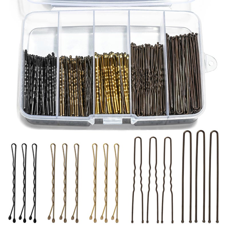 Mia Klein Bobby Pins and Hair Pins Combo Box 500PCS, Big Quantity Hair Pins Kit Black Brown Gold Bobby Pins and U Shape Brown for Styling Hair with Storage Box 2" / 2.4" / 2.6â€ for Women - Image 1