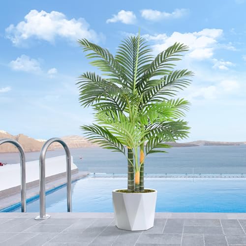 Keeplush 4ft Tall Triple Golden Cane Palm Artificial Tree Large Tropical Palm Tree UV Resistant Fake Plant in Pot for Indoor Outdoor Big House Living Room Outside Patio Office Home Decor 1Pack - Image 3