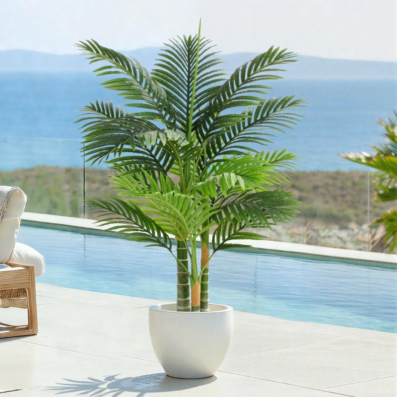 Keeplush 4ft Tall Triple Golden Cane Palm Artificial Tree Large Tropical Palm Tree UV Resistant Fake Plant in Pot for Indoor Outdoor Big House Living Room Outside Patio Office Home Decor 1Pack - Image 2