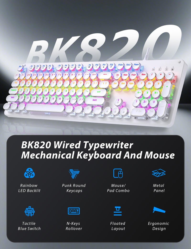 Taiahiro Typewriter Mechanical Gaming Keyboard and Mouse, Metal Panel Retro Keyboards with Round Keycap Blue Switch, Rainbow LED Backlit 104-Key Anti-Ghost Wired Mouse and Pad Combo for PC Laptop Mac Gamer - Image 2