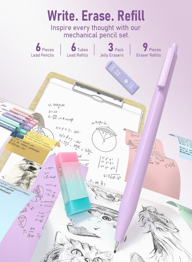 Four Candies مجموعة أدوات مدرسية تجميلية من فور كانديز، 39 قطعة، مع حافظة أقلام أنيقة، و12 قلم تمييز باستيل، و5 أقلام جل حبر أسود، و6 أقلام رصاص ميكانيكية، للطلاب، أدوات مكتبية أساسية للجامعة (أرجواني) - Image 5