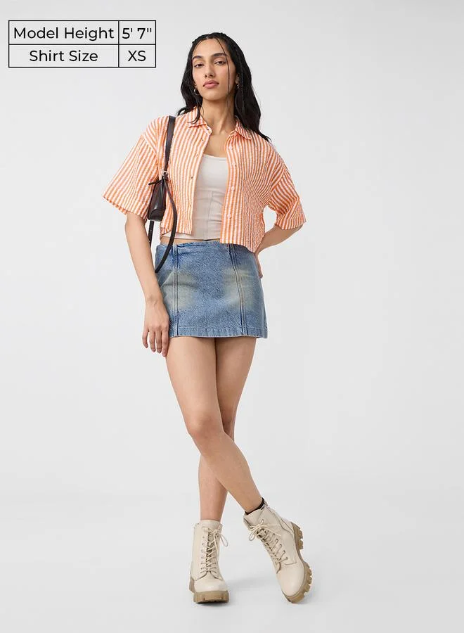 The Souled Store Orange Striped Textured Crop Shirt