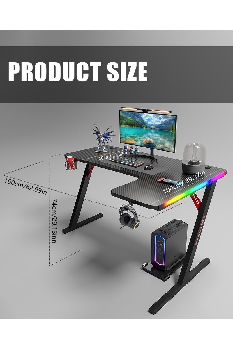 ميشيدا مكتب ألعاب على شكل حرف L بسطح من ألياف الكربون وأضواء LED RGB – طاولة كمبيوتر زاوية مقاس 160 سم مع حامل أكواب، خطاف سماعات رأس ووسادة فأرة – الجانب الأيمن، أسود - Image 5
