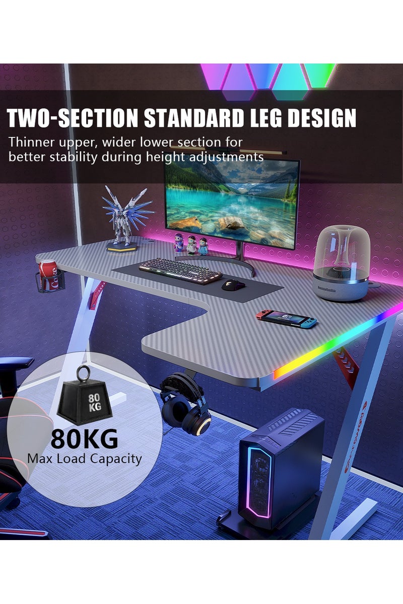 ميشيدا مكتب ألعاب على شكل حرف L بسطح من ألياف الكربون وأضواء LED RGB – طاولة كمبيوتر زاوية مقاس 160 سم مع حامل أكواب، خطاف سماعات رأس ووسادة فأرة – الجانب الأيمن، أسود - Image 3