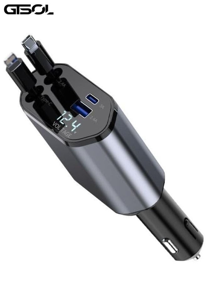 Retractable Car Charger with Cigarette Lighter Adapter – Fast Charging USB Port, 12V/24V Universal Car Phone Charger Compatible with iOS & Android Devices