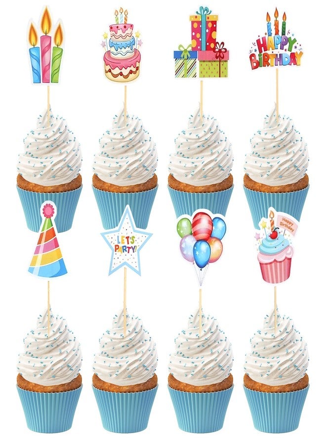 DOPENSPI 24 Pcs Happy Birthday Cupcake Toppers, 8 Styles Birthday Cupcake Toppers Colorful Cake Topper Decorations for Party Dessert Food Picks Supplies - Image 1
