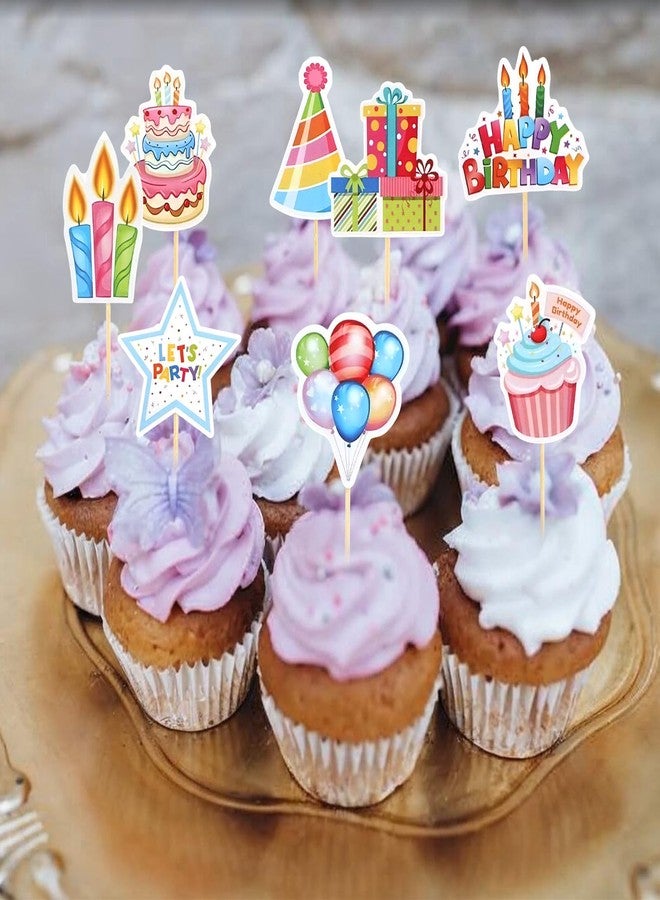 DOPENSPI 24 Pcs Happy Birthday Cupcake Toppers, 8 Styles Birthday Cupcake Toppers Colorful Cake Topper Decorations for Party Dessert Food Picks Supplies - Image 2
