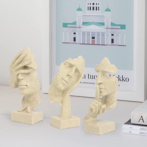 prosfalt 3 Pcs Thinker Statue, Silence is Gold Abstract Art Figurine, No Hear No See No Speak Modern Home Resin Sculptures Decorative Objects Decor for Home Office Bookshelf Desktop(Sandstone) - Image 4