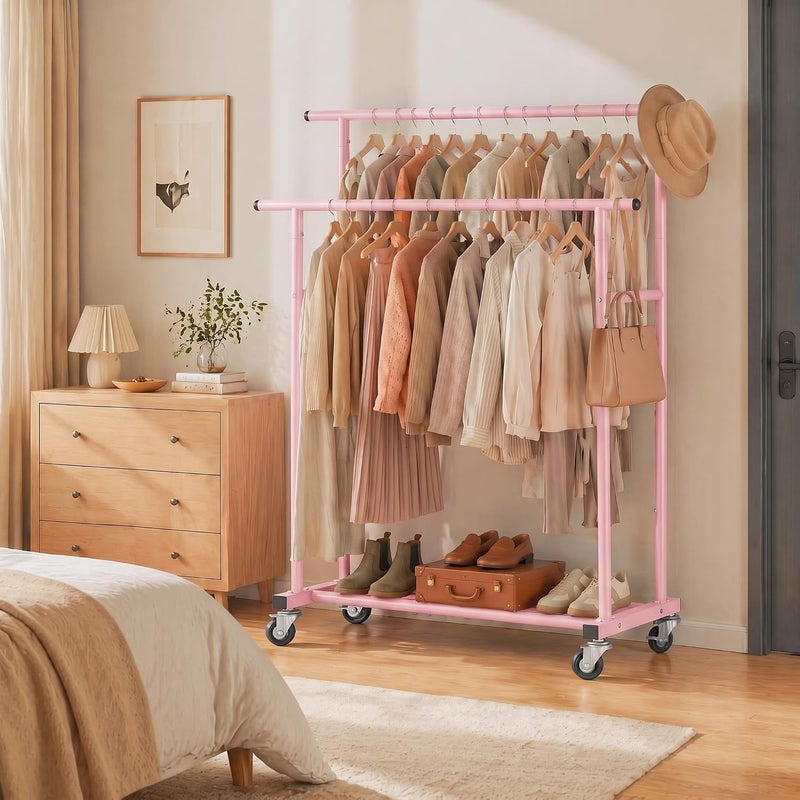 Calmootey Double Rail Clothes Rack, Rolling Clothes Rack, Portable Clothes Organizer for Bedroom, Living Room, Clothing Store, Pink - Image 5