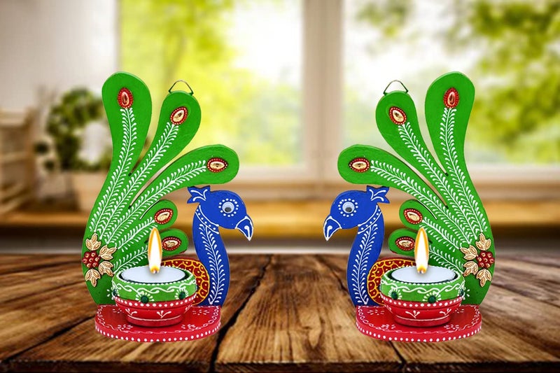 Saugat Traders Candle Set for Diwali Home Decoration - Peacock Design Tea Light Candle Holder Candle - Door Hanging-Wall Hanging-Deepawali Gift for Corporate Clients, Family & Friends - Image 2