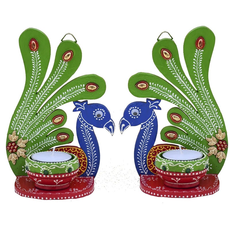 Saugat Traders Candle Set for Diwali Home Decoration - Peacock Design Tea Light Candle Holder Candle - Door Hanging-Wall Hanging-Deepawali Gift for Corporate Clients, Family & Friends - Image 1