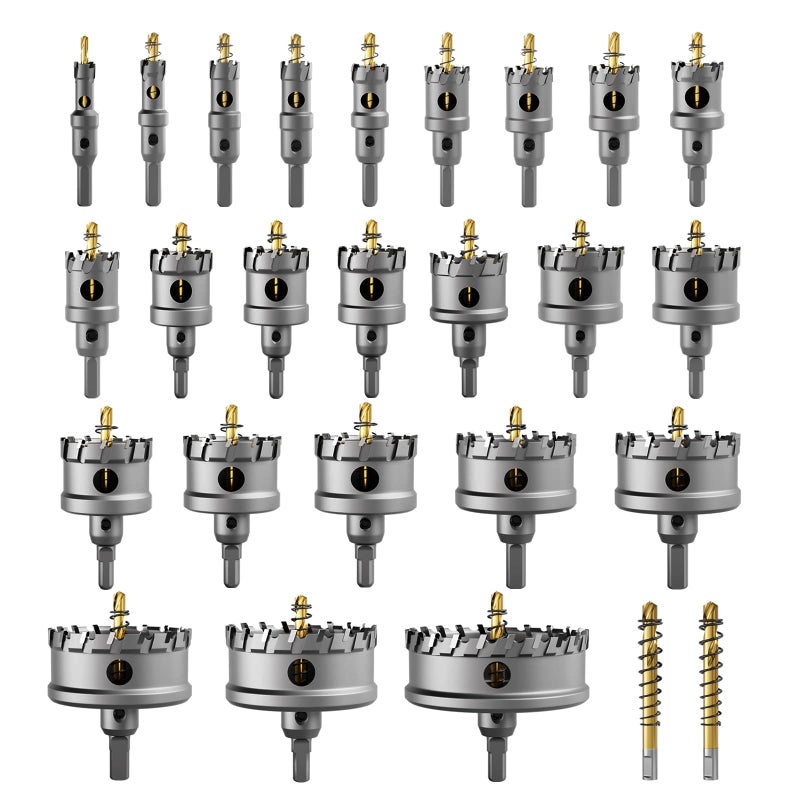 GSTK Upgraded 26 PCS Heavy Duty Carbide Hole Saw Set Metal Steel Drill Bit TCT Cutter 24 Saws with 2Extra Pilot Center Drills Ideal for Metal Iron Stainless 12 3151626PCS