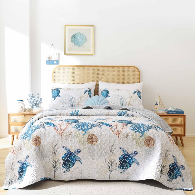 weigelia Coastal Quilts Bedding Set Twin Size - Summer Sea Turtles Nautical Bedding Quilt with Pillow Cases, Beach Reversible Quilt Set Bedspreads Coverlet Soft Lightweight Comforter - Image 1