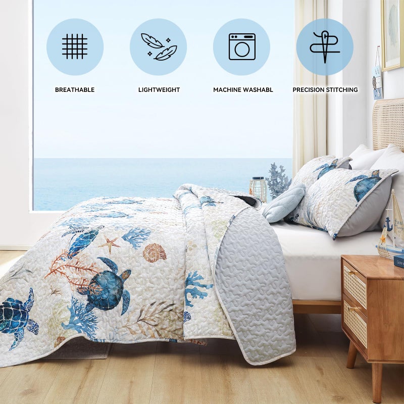 weigelia Coastal Quilts Bedding Set Twin Size - Summer Sea Turtles Nautical Bedding Quilt with Pillow Cases, Beach Reversible Quilt Set Bedspreads Coverlet Soft Lightweight Comforter - Image 4