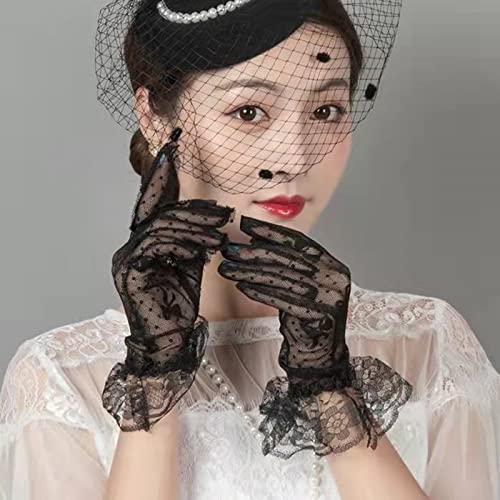 Anzailala Ladies Lace Gloves Elegant Short Gloves Courtesy Summer Gloves for Wedding Dinner Parties (Black) - Image 2