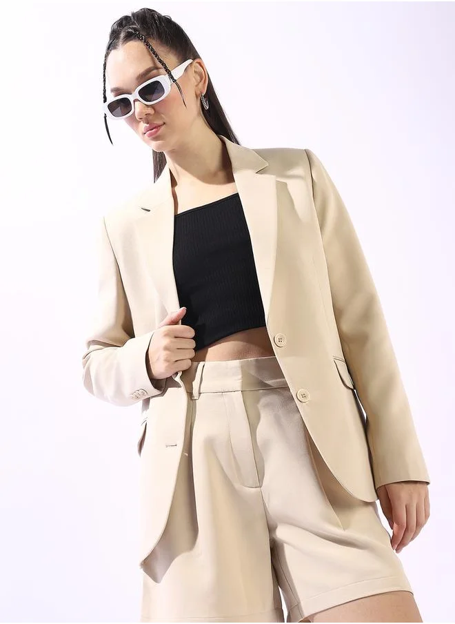 هوبرهولمي Women's Beige Polyester Blend Solid Tailored Fit Blazer