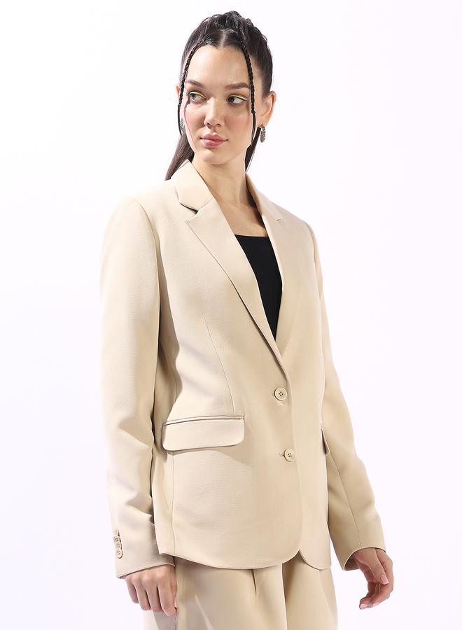 Hubberholme Women's Beige Polyester Blend Solid Tailored Fit Blazer  - Image 3