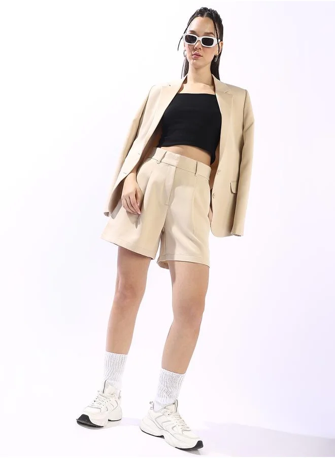 هوبرهولمي Women's Beige Polyester Blend Solid Tailored Fit Blazer