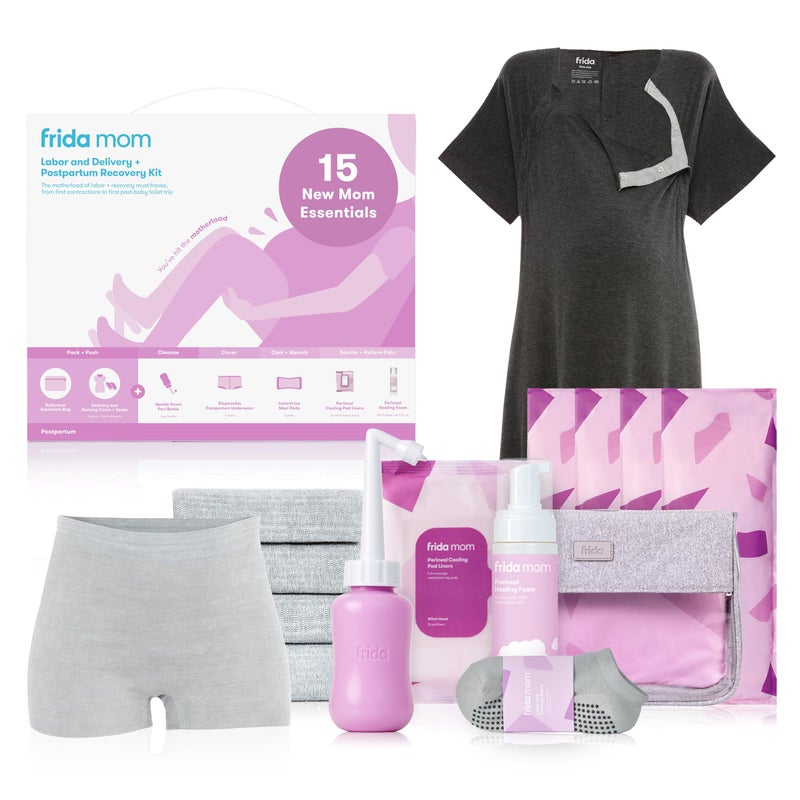 Frida Mom 15pc Labor & Postpartum Kit Gift Set for Baby Showers & Mom to Be, Includes Peri Bottle, Nursing Gown, Disposable Underwear, Ice Maxi Pads, Pad Liners, Perineal Foam, Socks & Toiletry Bag - Image 1