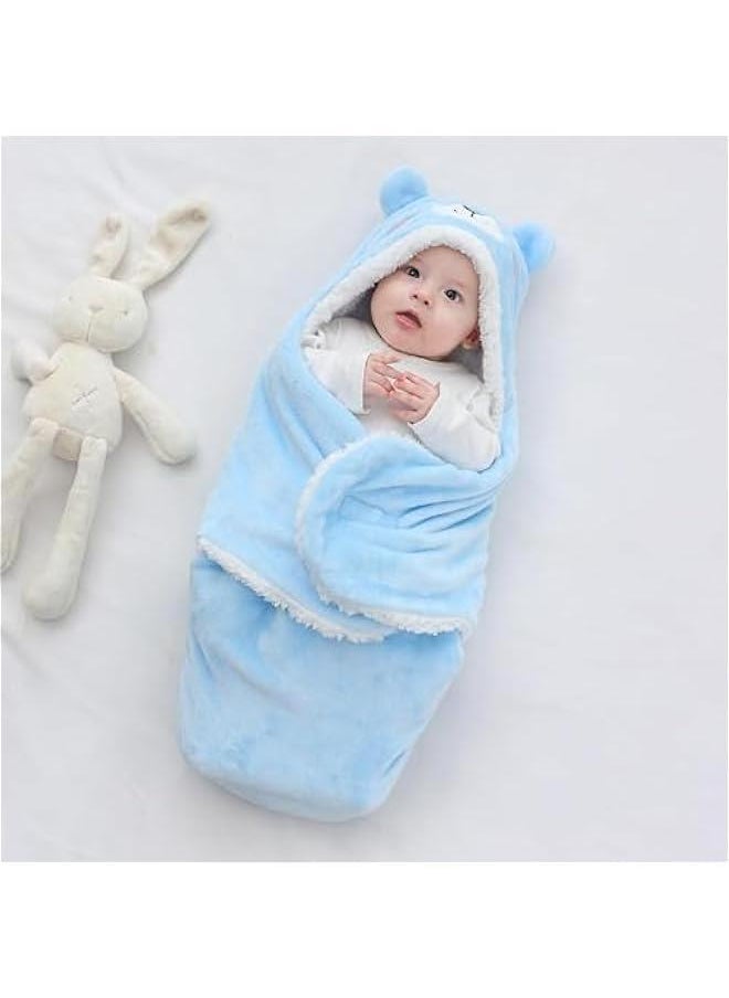 MIXDE 1 Pcs Baby Swaddle, Cute Bear Natural Swaddle Blanket Wrap, Baby Hooded Fleece Swaddle Blanket Newborn Cartoon Receiving Blanket Soft Plush Sleeping Bag Sack Stroller Wrap, 0-6 Months (Blue)  - Image 3