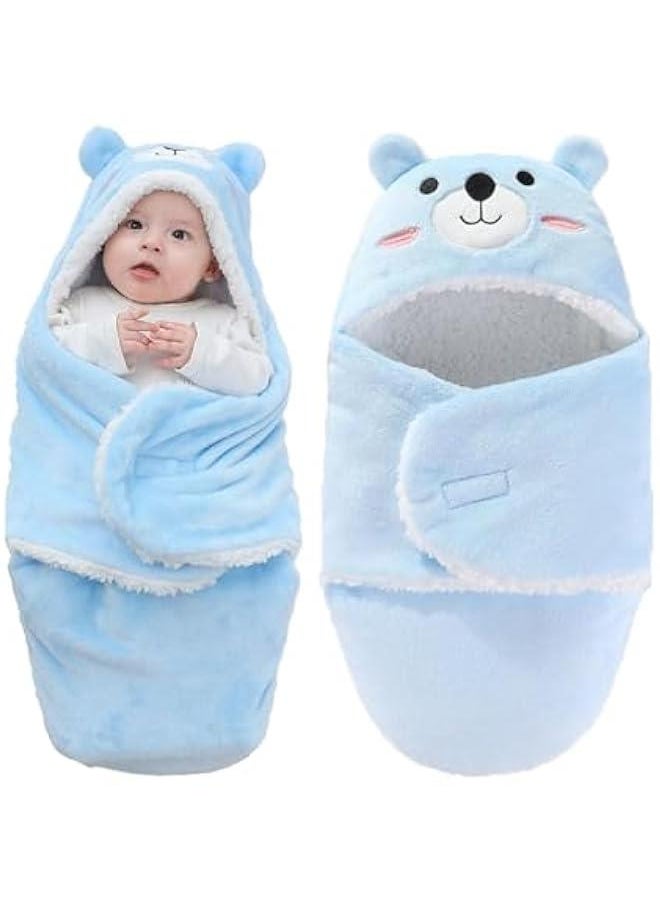 MIXDE 1 Pcs Baby Swaddle, Cute Bear Natural Swaddle Blanket Wrap, Baby Hooded Fleece Swaddle Blanket Newborn Cartoon Receiving Blanket Soft Plush Sleeping Bag Sack Stroller Wrap, 0-6 Months (Blue)  - Image 1