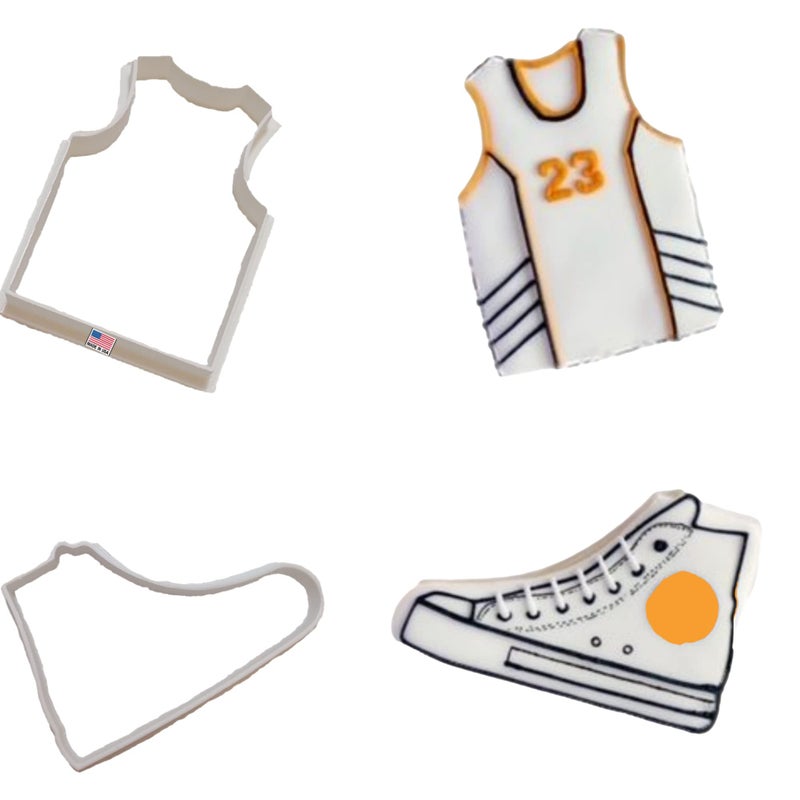 Heart's Treasure BASKETBALL COOKIE CUTTERS American Sport Basketball Jersey Uniform T-Shirt And High Top Shoe Sneaker Cookie Cutters Made In The USA (2 Pack)  - Image 1