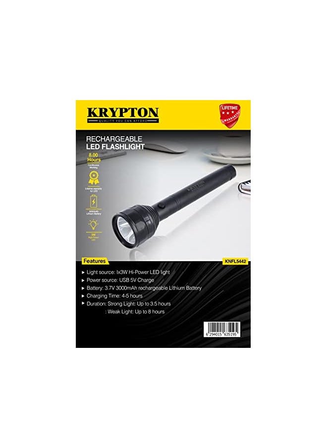 KRYPTON - Rechargeable Led Flashlight Usb Chargeable Torch Knfl5442 3W Hi Power Led Light 8 Hours Working Lifetime On Cree Led Ideal For Trekking Camping And More - Image 1