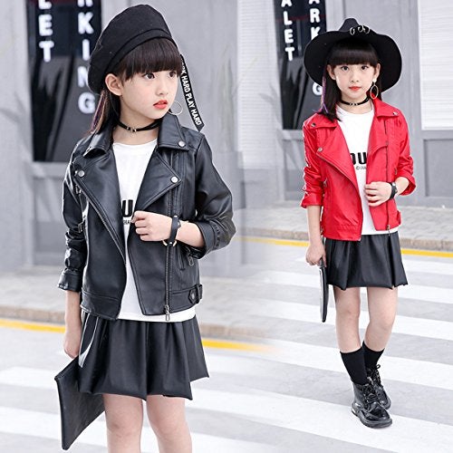 Elife Girls Fashion PU Leather Motorcycle Jacket Children's Outerwear Slim Coat Black 9-10Y … - Image 4